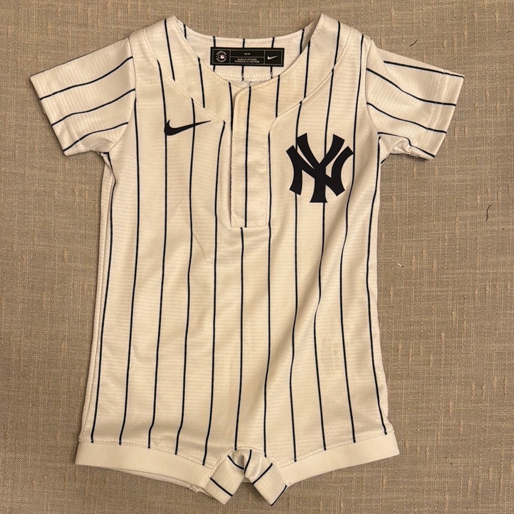 Nike White and Navy Striped Baby Romper